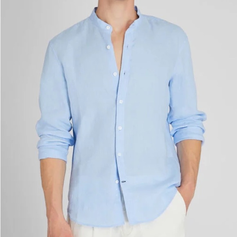 Club Monaco Men’s French Blue Band Collar 100% Linen Shirt size S
